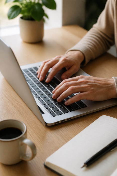 Hands typing on a laptop beside an open notebook and coffee on a light wood desk