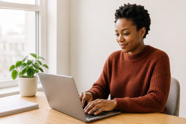 A founder working alone at a bright home office desk