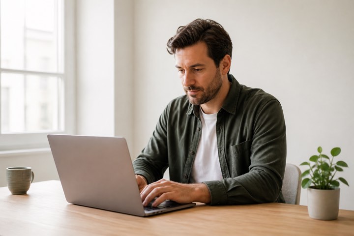 A founder writing at a bright minimal desk